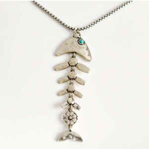 Lucky Brand Silver Fishbone Necklace with Turquoise Accent